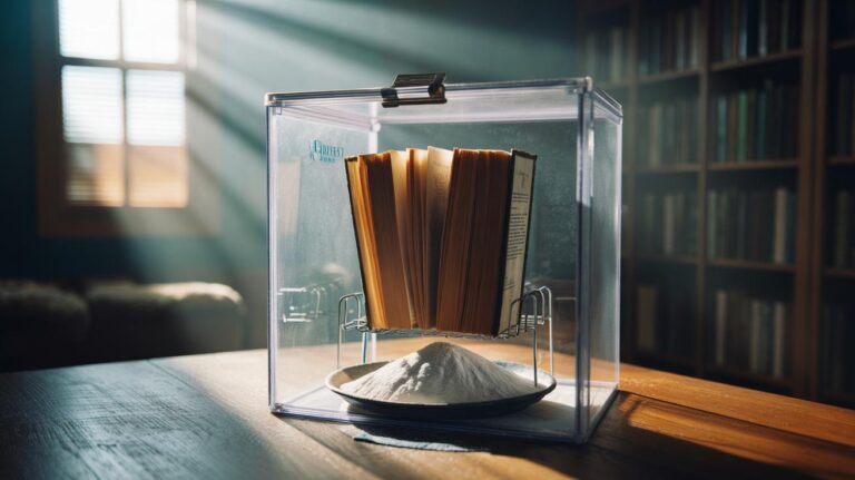 Illustration of a musty book in a sealed plastic container with a dish of baking soda to restore freshness