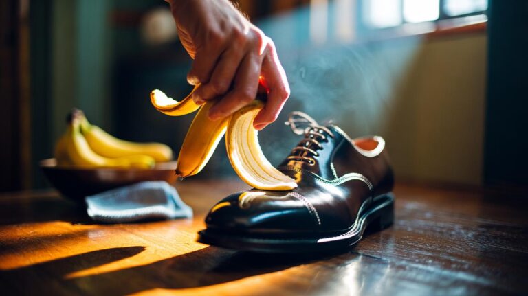 Illustration of a hand polishing smooth leather shoes with the inside of a banana peel