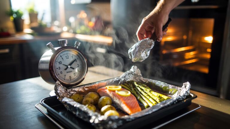 Illustration of aluminium foil cutting cooking time in half for faster meal prep