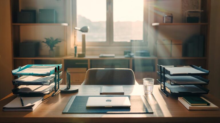 Illustration of a decluttered home office with labeled trays, a five-item desktop, and clear zones that reduce cognitive load