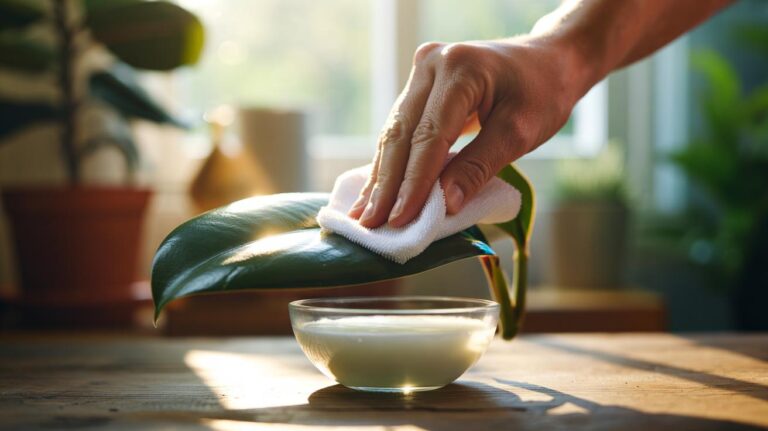 Illustration of a hand wiping a rubber plant leaf with a microfiber cloth soaked in diluted milk to reveal a natural sheen