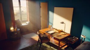 Illustration of a home workspace being rearranged: desk turned to face a blank wall, reading chair placed by a window, and small anchor cues—a mat, task lamp, and kettle tray—to trigger memory anchoring and motivation