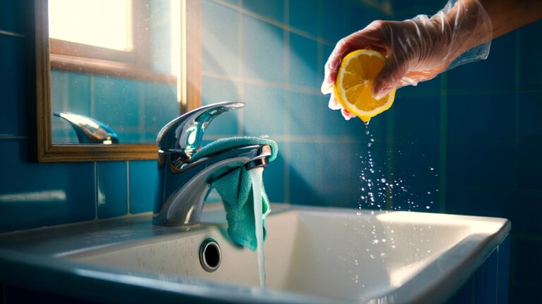 Illustration of lemon juice being used with a microfiber cloth to dissolve soap scum and limescale on a bathroom tap in five minutes
