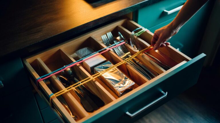 Illustration of a drawer organized with rubber bands used as tension dividers to double storage space