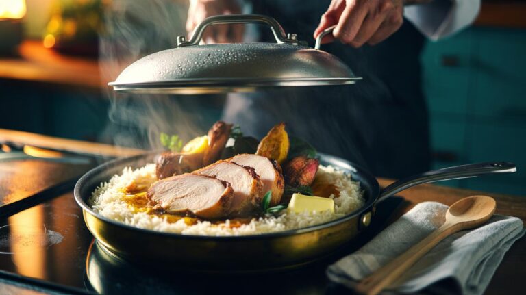 Illustration of dry leftovers being gently steamed over a bed of rice in a covered pan, with roast chicken and vegetables regaining moisture